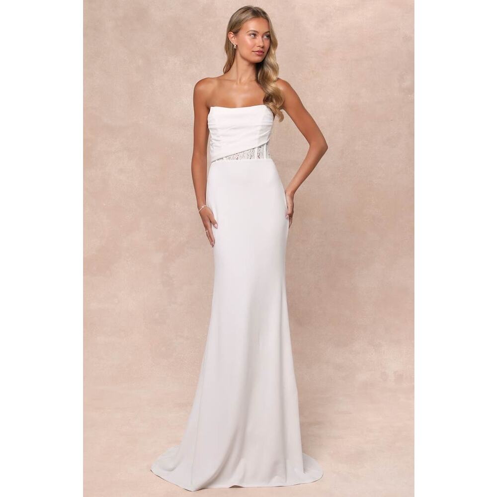 Lulu's White Strapless Maxi Dress with Beaded Waist